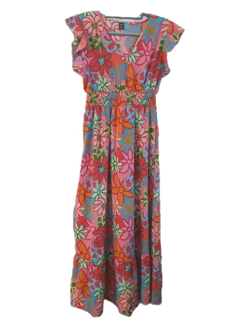 Women's Maxi Dress Size Large Floral Sleeveless Smocked Waist Length 52"